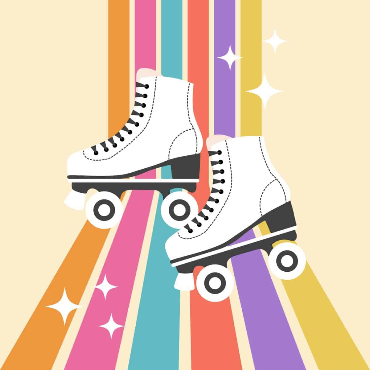 illustration of white roller skates and rainbow background