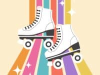 illustration of white roller skates and rainbow background