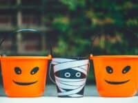 Child Trick or Treat Empty Halloween Buckets are Ready for the Candy Treats, Jack-o'-lantern pumpkin and Mummy Style toy baskets
