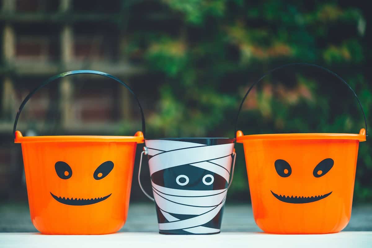 Child Trick or Treat Empty Halloween Buckets are Ready for the Candy Treats, Jack-o'-lantern pumpkin and Mummy Style toy baskets